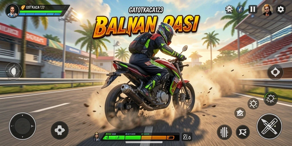 Screenshot gameplay GATOTKACA123 menampilkan aksi balap motor yang cepat dan mendebarkan.