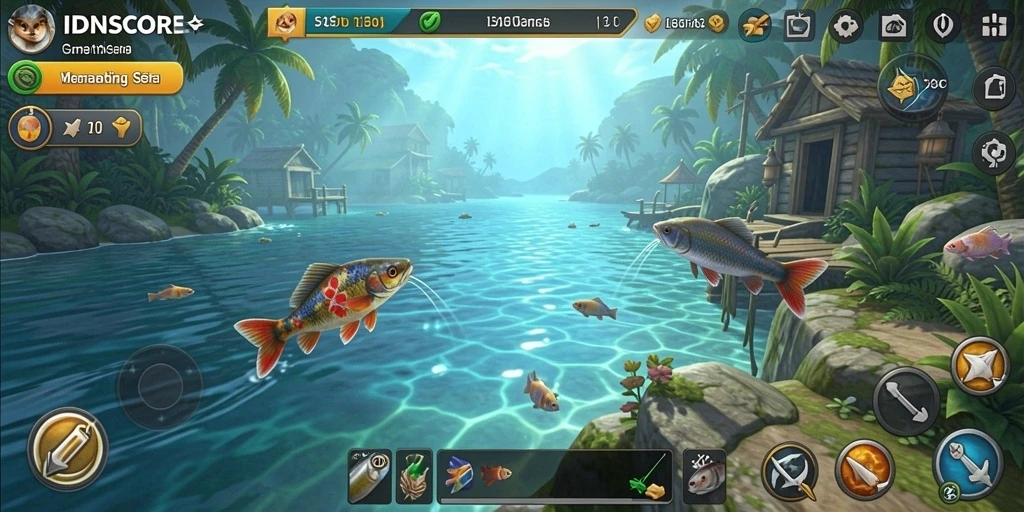 Tampilan gameplay <strong>IDNSCORE</strong> yang menarik saat memancing.